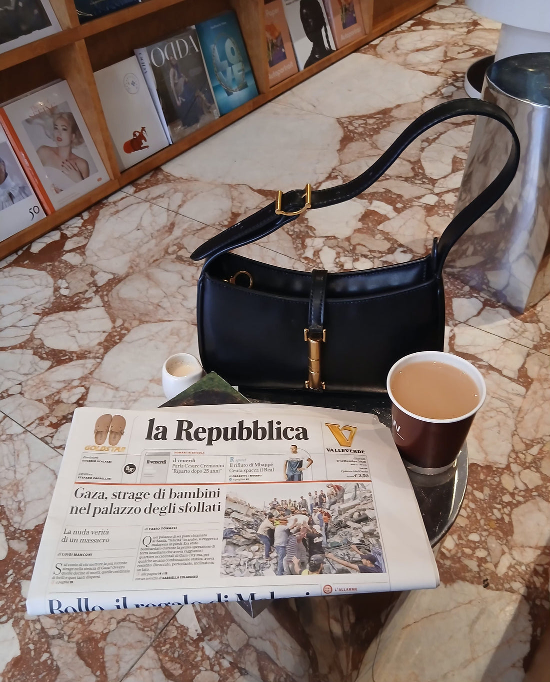A peaceful slow Sunday moment with tea and an Italian newspaper