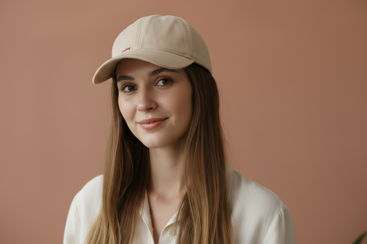Oat Cap - Female Model Long Straight Brown Hair